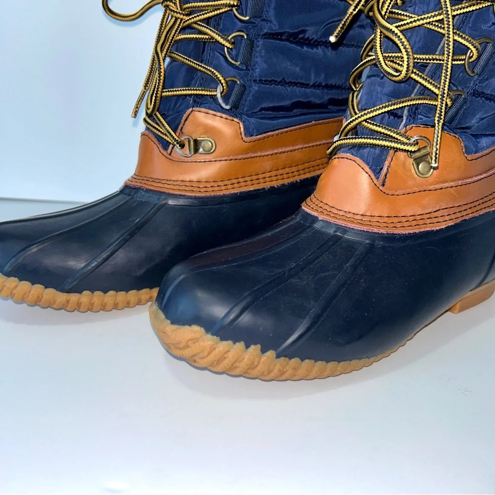 Lands' End Duck Boots Women's 7.5 Sherpa Lined Navy Camel Waterproof Lace Up‎
